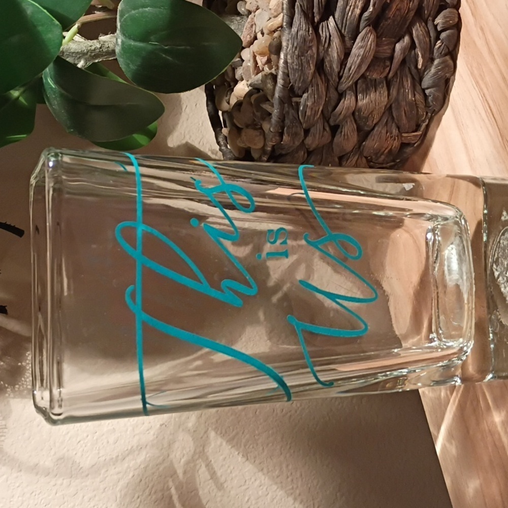 Clear Glass Vase with Blue Script